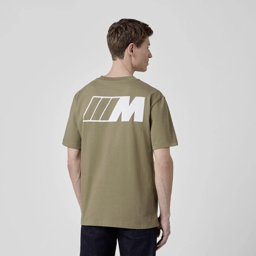 Koszulka BMW M Logo Reverse – zielono-beżowa, oversize 270 g/m²