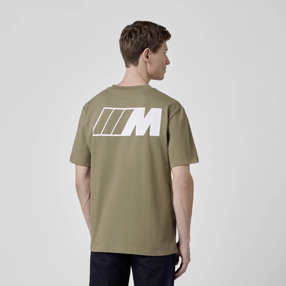 Koszulka BMW M Logo Reverse – zielono-beżowa, oversize 270 g/m²