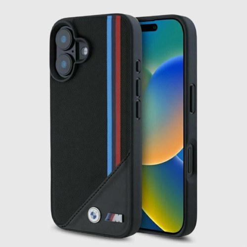 Etui BMW M Meshed Tricolor Stripes MagSafe – iPhone 16, czarne