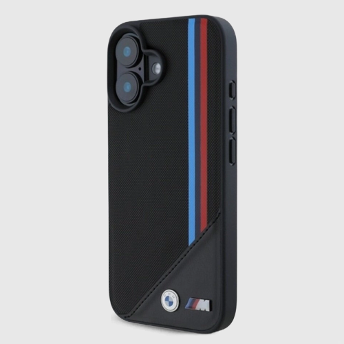 Etui BMW M Meshed Tricolor Stripes MagSafe – iPhone 16, czarne