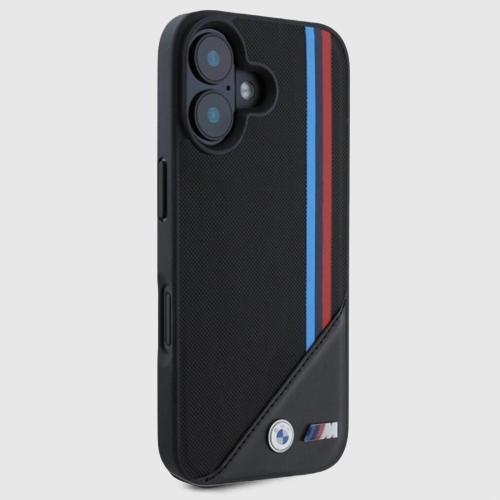 Etui BMW M Meshed Tricolor Stripes MagSafe – iPhone 16, czarne