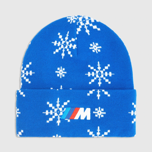 Czapka zimowa BMW M Holiday – niebieska, żakardowy wzór Snowflake