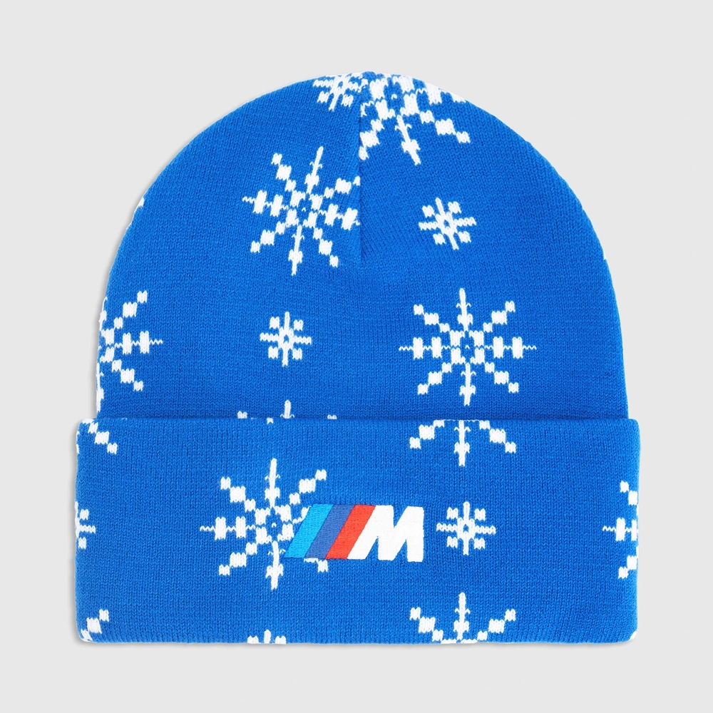 Czapka zimowa BMW M Holiday – niebieska, żakardowy wzór Snowflake