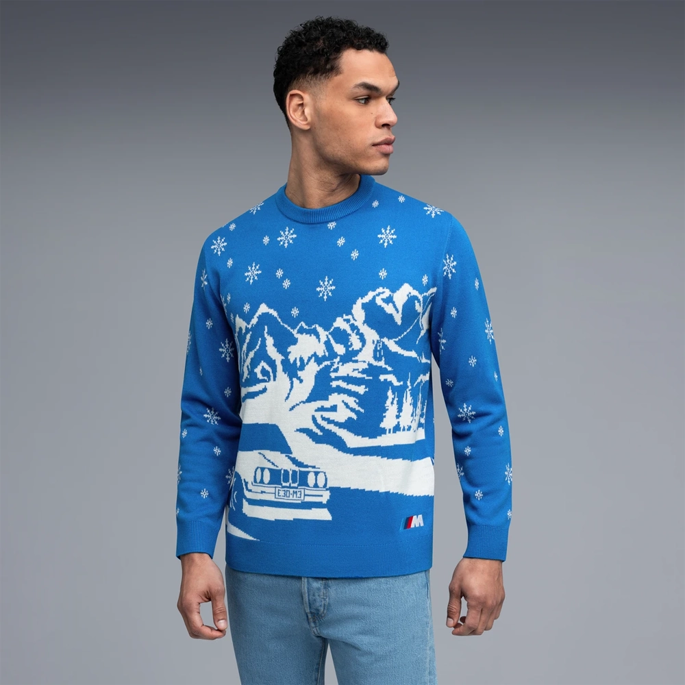 Sweter BMW M Holiday M3 E30 – niebieski, żakardowy wzór zimowy